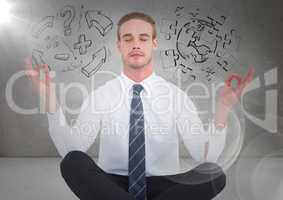 Business man meditating in grey room with flare and jigsaw, 3D arrow doodles