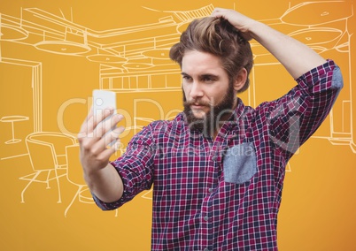 Millennial man taking selfie against 3D orange and white hand drawn office