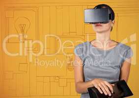 Business woman in virtual reality headset with tablet against 3D orange hand drawn wall with picture