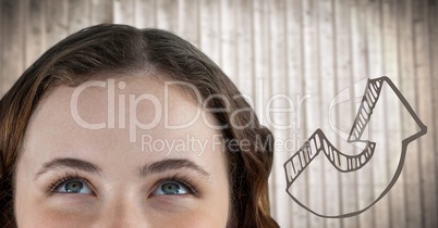Top of woman's head next to 3D brown arrow against blurry wood panel