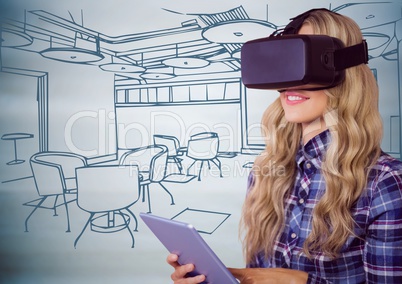 Woman in virtual reality headset with tablet against 3D blue hand drawn office