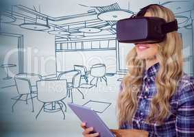 Woman in virtual reality headset with tablet against 3D blue hand drawn office