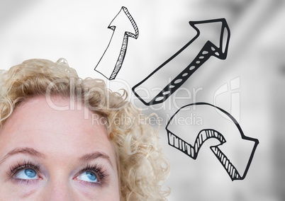 Top of woman's head and grey upward 3D arrows against blurry grey stairs