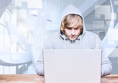 Blond hair hacker using a laptop in front of 3d white background