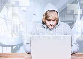 Blond hair hacker using a laptop in front of 3d white background