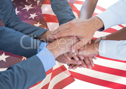 Hands put together above 3d american flag