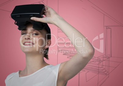 Woman in virtual reality headset against pink hand drawn stairs