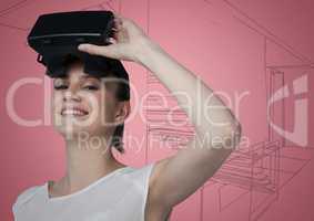 Woman in virtual reality headset against pink hand drawn stairs