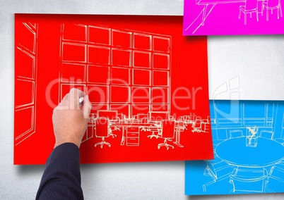 3d hand drawing office white lines on red paper stick on the wall. 2 blueprint more in blue and pink