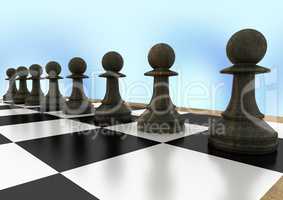 3d Chess pieces against blue abstract background