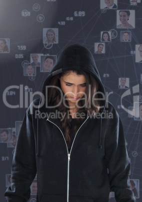 Woman hacker in front of 3d purple background