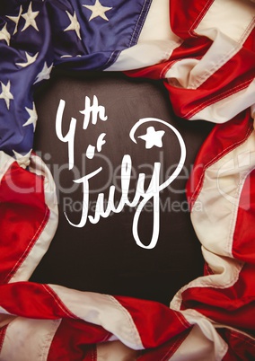 White fourth of July party graphic against chalkboard and american flag