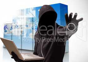 3d Hacker holding a laptop and  tendering his arm in a data center