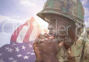Close up of 3d soldier face in front of the american flag