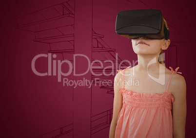 Girl in 3d virtual reality headset against maroon hand drawn stairs