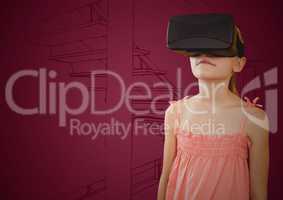 Girl in 3d virtual reality headset against maroon hand drawn stairs