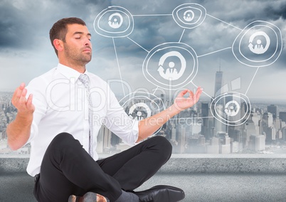 Business man meditating against skyline with white network doodle