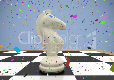 3D Chess piece against purple background with confetti