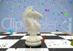 3D Chess piece against purple background with confetti
