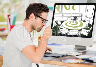 Young man taking coffee. Computer behind with new meeting room design lines.