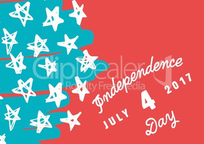 White slanted fourth of July graphic against hand drawn star pattern and red background
