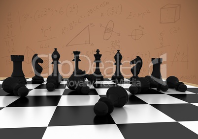 3D Chess pieces against brown background with math doodles