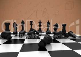 3D Chess pieces against brown background with math doodles