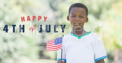 Fourth of July graphic next to boy holding american flag