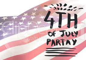 Grey fourth of July party graphic against american flag with flares