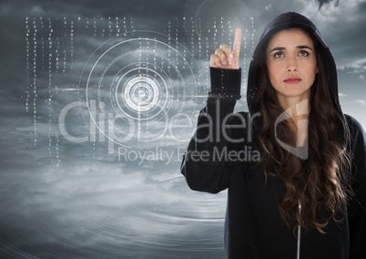 Woman hacker touching a digital screen with his finger