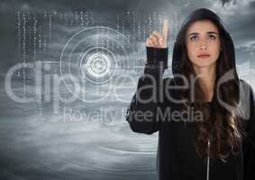 Woman hacker touching a digital screen with his finger