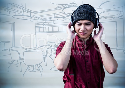 Millennial man with headphones against blue hand drawn office