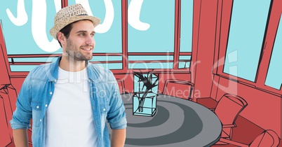 Millennial man in fedora against 3D red and blue hand drawn office