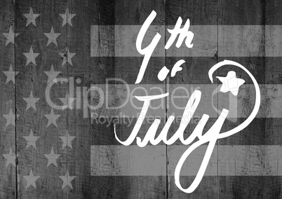 White fourth of July graphic against grey american flag on wood panel