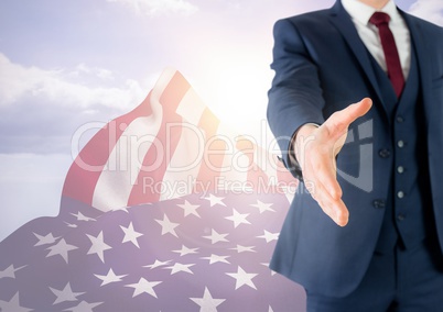 Business man shaking his hand against 3D american flag