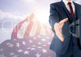 Business man shaking his hand against 3D american flag