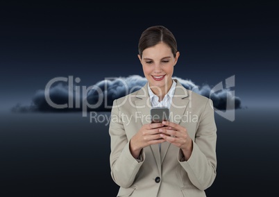 Smiling woman texting in front of a 3D dark cloud