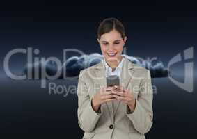Smiling woman texting in front of a 3D dark cloud