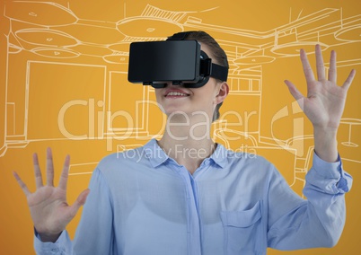 Business woman in virtual reality headset against orange and white hand drawn office