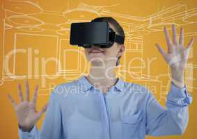 Business woman in virtual reality headset against orange and white hand drawn office