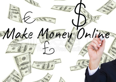 hand writing MAKE MONEY ONLINE in the screen with money icons. Banknote background