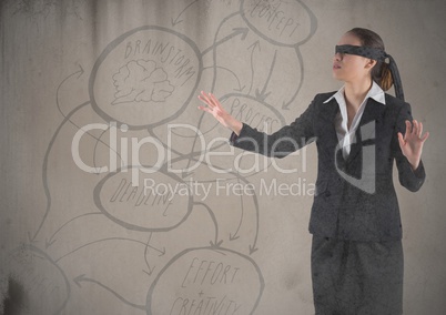 Blindfolded business woman with grunge overlay against brown background with concept doodle