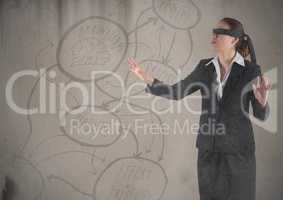 Blindfolded business woman with grunge overlay against brown background with concept doodle