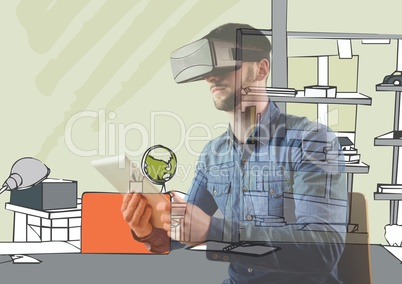 man with 3D glasses and tablet overlap with 3D new office lines.
