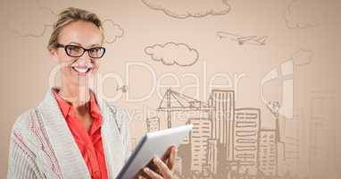 Woman with tablet against cream background and city doodle