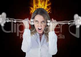 anger young woman shouting with 3d steam on ears and fire on head. Black background
