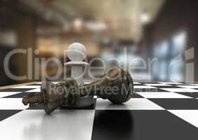 3D Chess pieces against blurry cafe