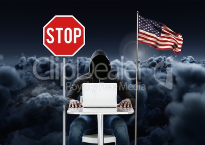 Hacker working on laptop near to 3D american flag and stop board with cloudy background