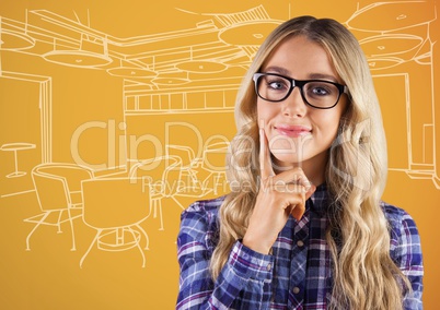 Millennial woman thinking against 3d orange and white hand drawn office