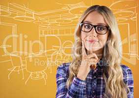 Millennial woman thinking against 3d orange and white hand drawn office